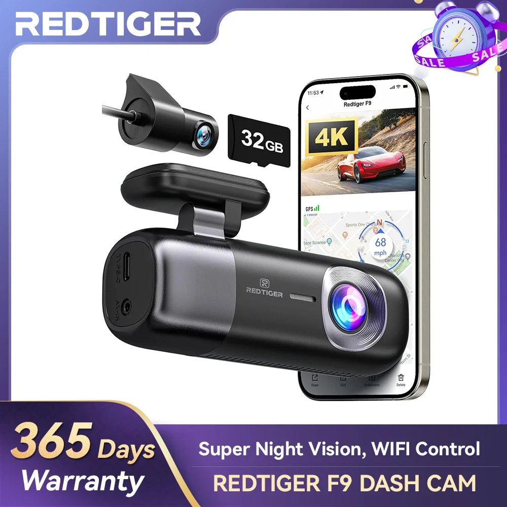 REDTIGER F7N PLUS 4K Dual Dash Cam – Front And Rear, WiFi, GPS, With 32GB SD Card (Certified Refurbished)