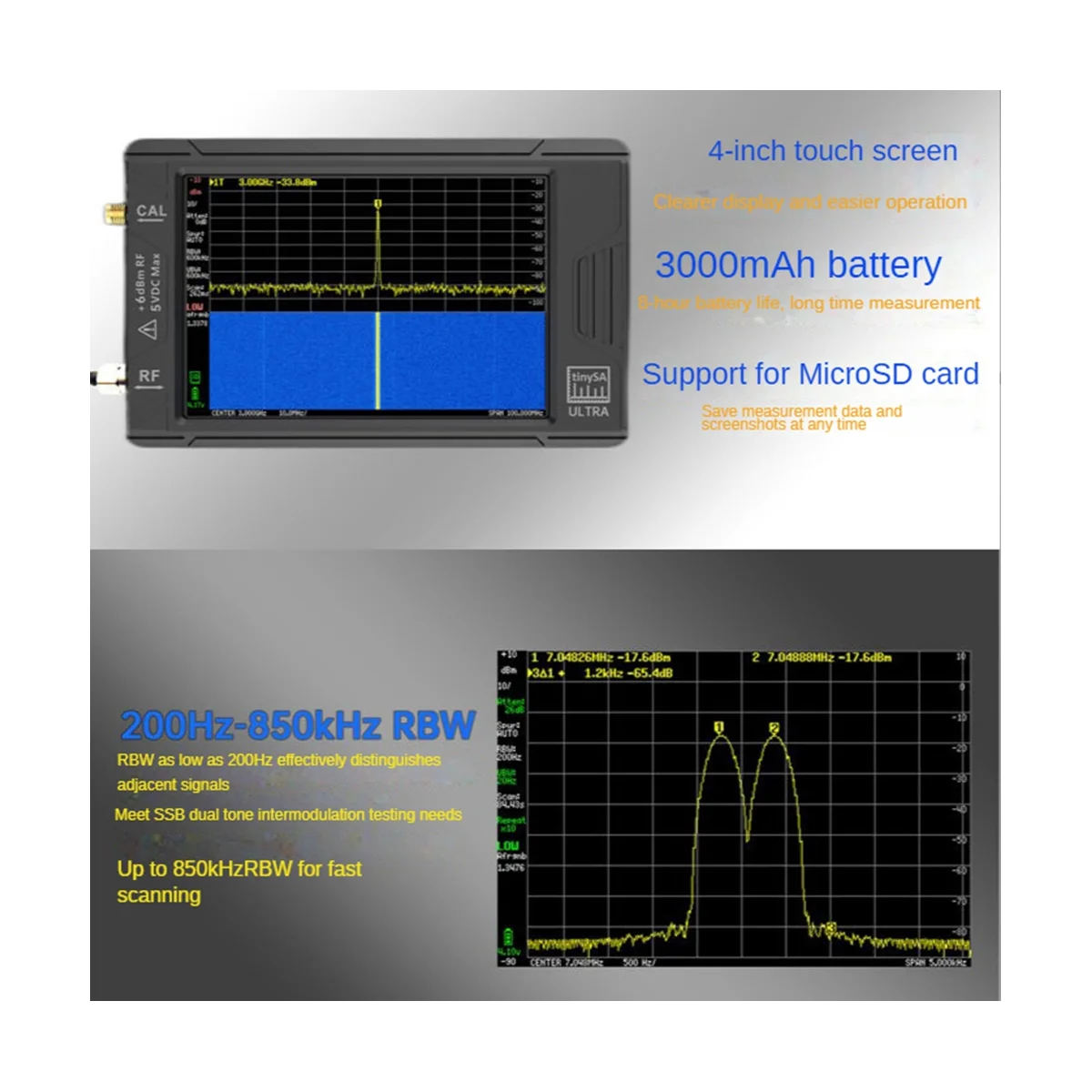 PFCTART Upgraded 4.0 Inch TinySA Ultra Spectrum Analyzer, 100kHz-5.3GHz Handheld Frequency Analyzer With 32GB SD Card, 2 In1 Signal Generator 100kHz To 800MHz MF/HF/VHF UHF Input In