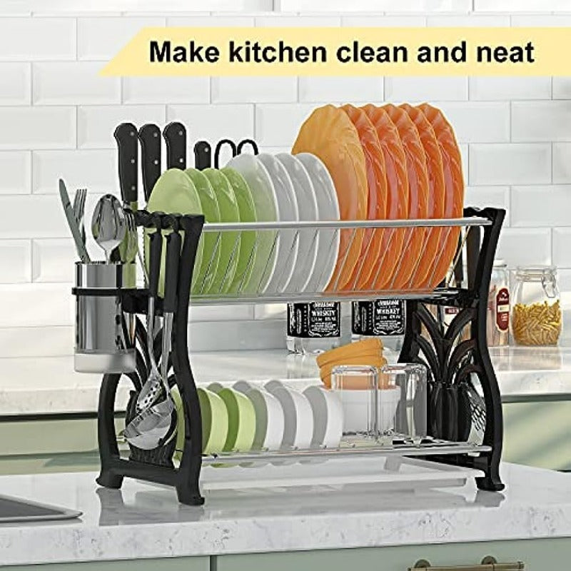 1pc 2-tier Kitchen Dish Drying Rack With Drainboard, Rust-proof Compact Dish  Organizer With Utensil Holder, Cutting Board Holder For Kitchen Countertop,  Black