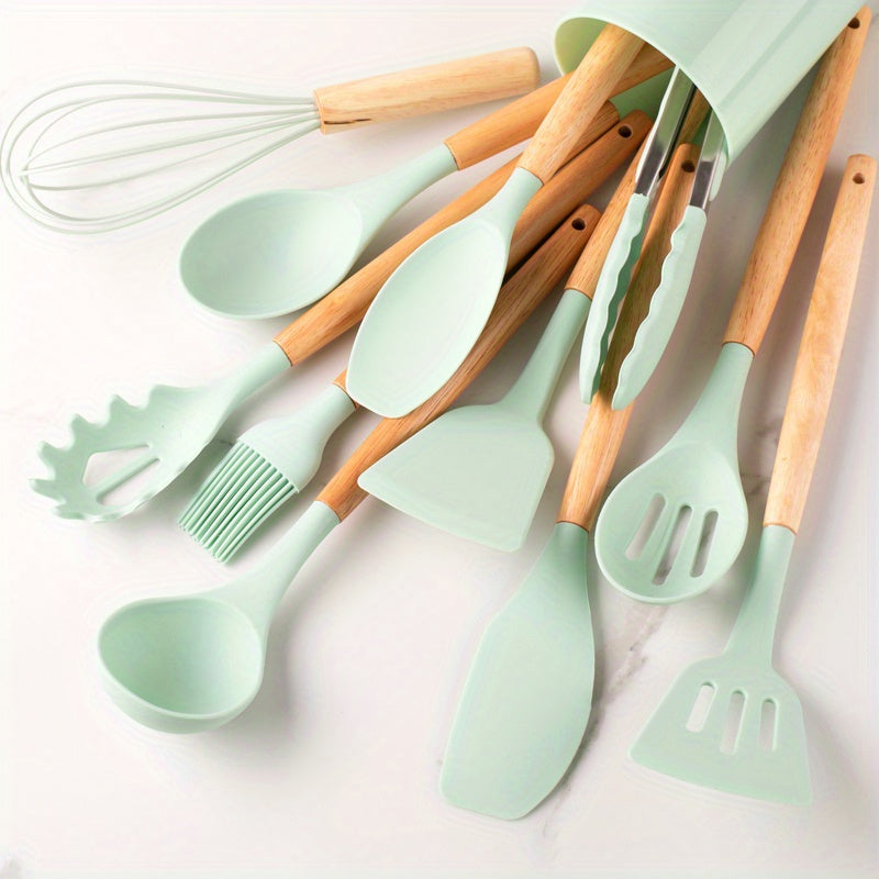 12pcs, Silicone Utensil Set, Khaki Kitchen Utensil Set With Wooden Han –  Par Masters