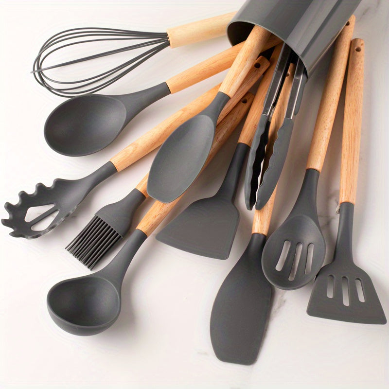 12pcs, Silicone Utensil Set, Khaki Kitchen Utensil Set With Wooden Han –  Par Masters