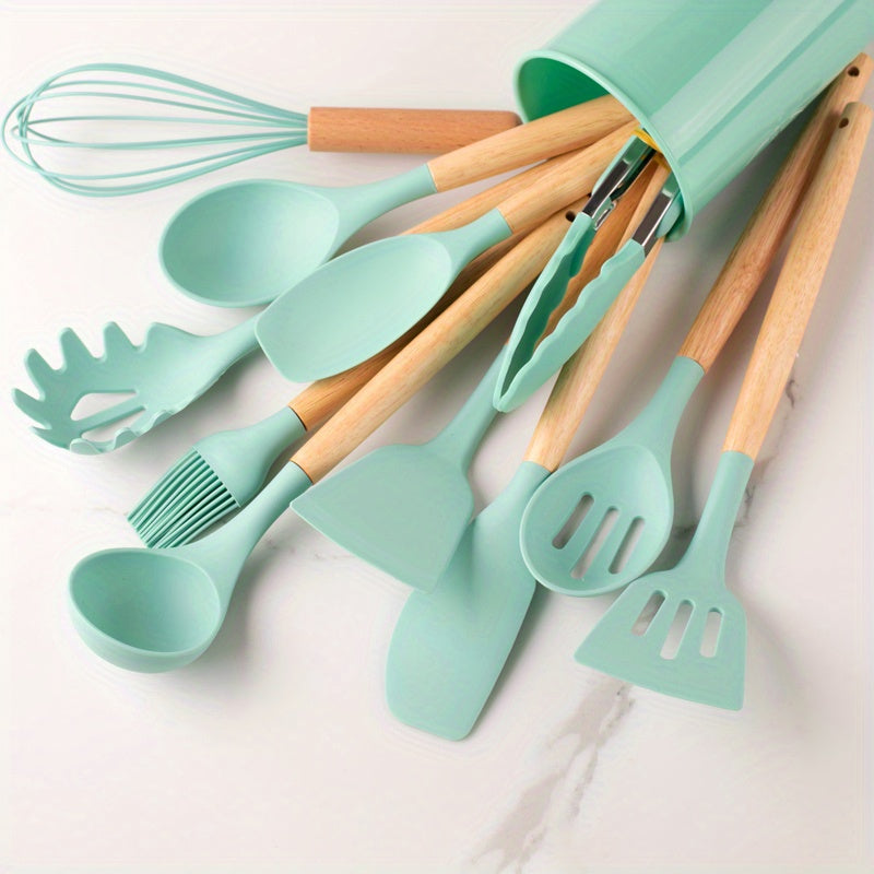 12pcs, Silicone Utensil Set, Khaki Kitchen Utensil Set With Wooden Han –  Par Masters