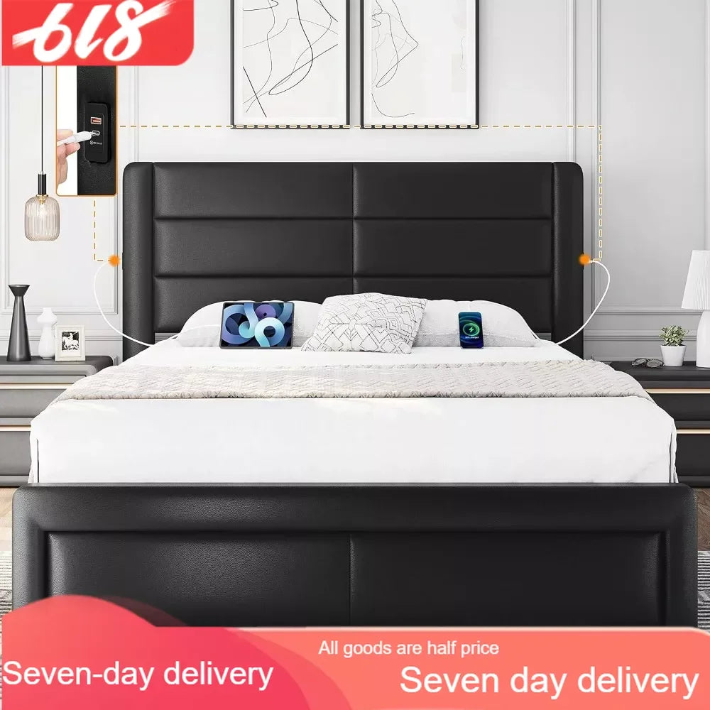 Usb Module Bed Large Bed Frame Platform with 2 USB Charging Stations/Type A and Type ...