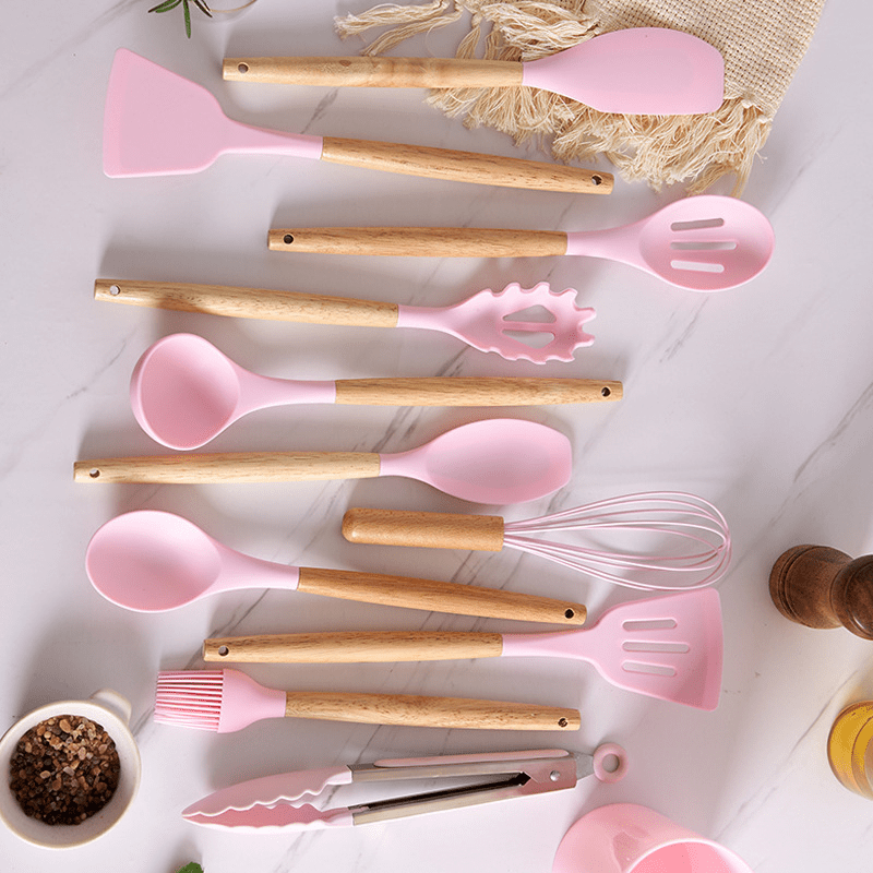 9 Piece Pink Colored Silicone Kitchen Utensils Set with Wooden