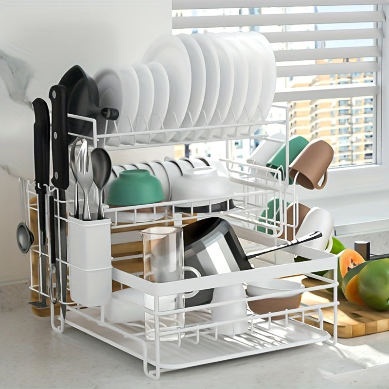 Dish Drying Rack, 3-tier Large Dish Bowl Racks For Kitchen Countertop,  Detachable Large Capacity Dish Drainer Organizer With Utensil Holder, Cup  Holder, Dish Drying Rack With Drain Board, White&black, Kitchen Accessories  