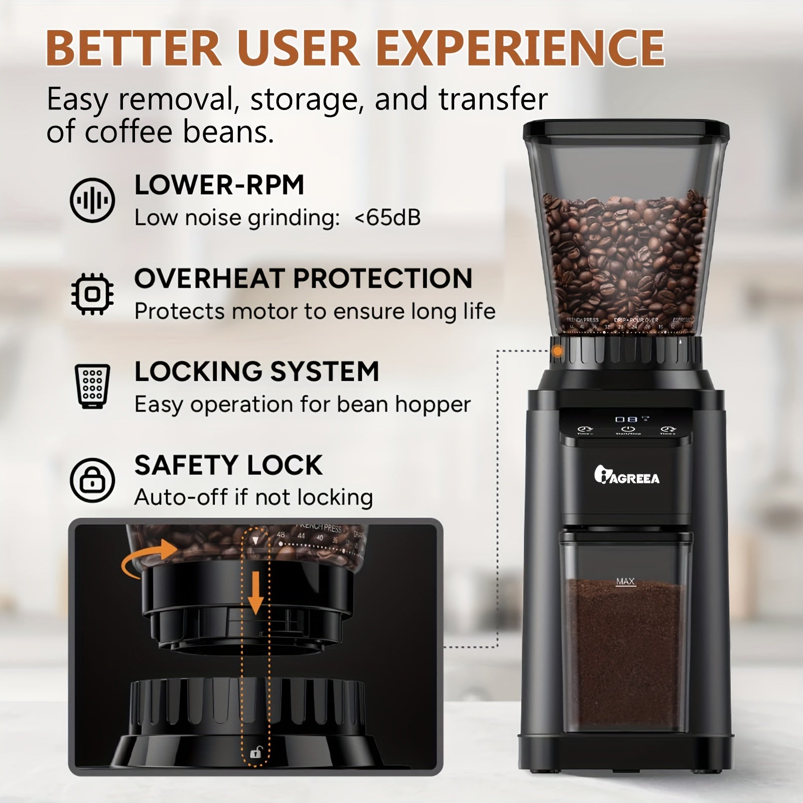 AICOOK Conical Burr Coffee Grinder, Over 40 Precise Grind Setting for  Espresso, Easy Cleaning, Stainless Steel, Black 