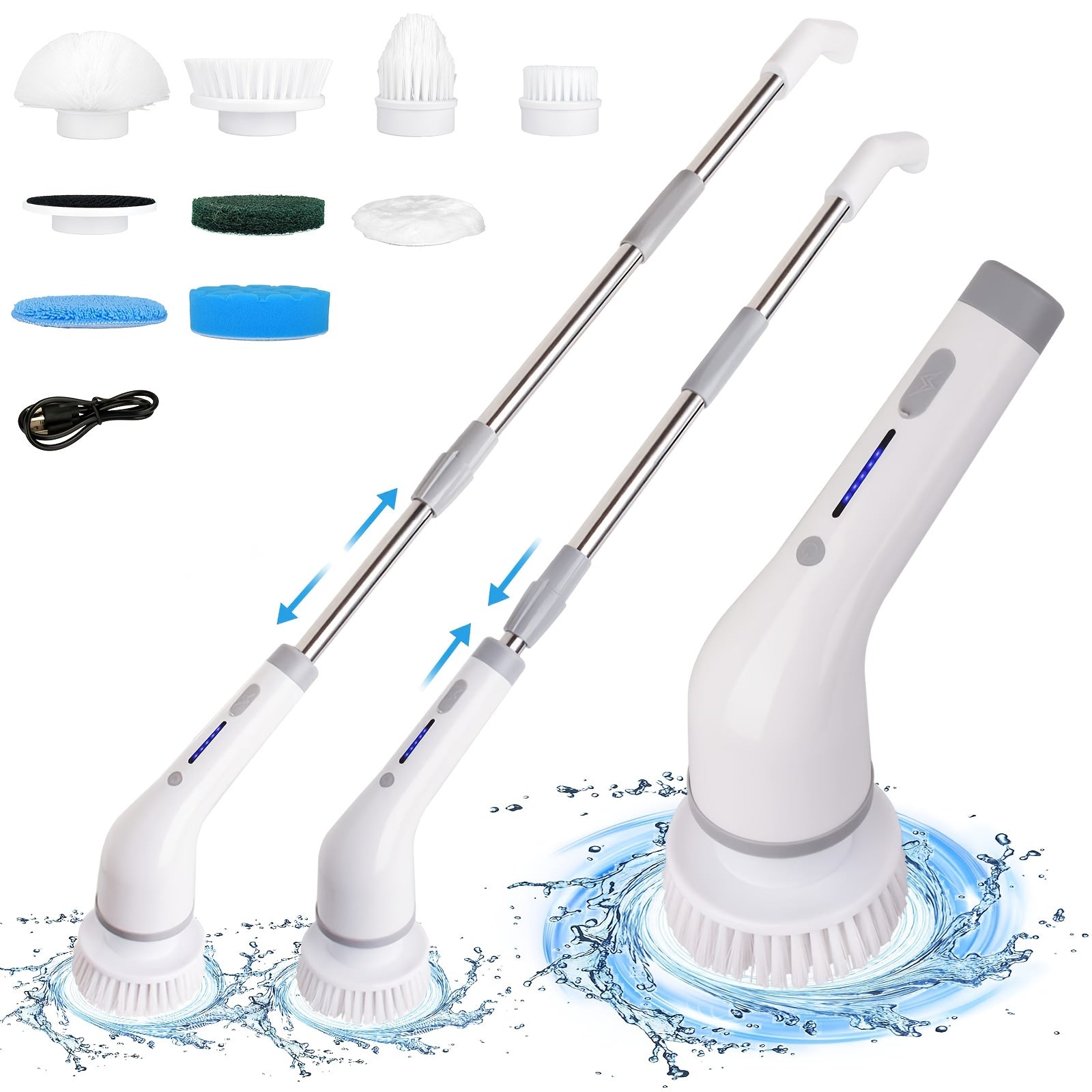 Electric Spin Scrubber With 6 Replaceable Brush Heads, 2 Adjustable Speeds,  250/400rpm Cordless Floor Scrubber With Extension Handle, 90mins Runtime,  Ipx5 Waterproof, Usb Charging, Suitable For Bathroom, Kitchen, Floor, Tile,  Bathtub, Window 