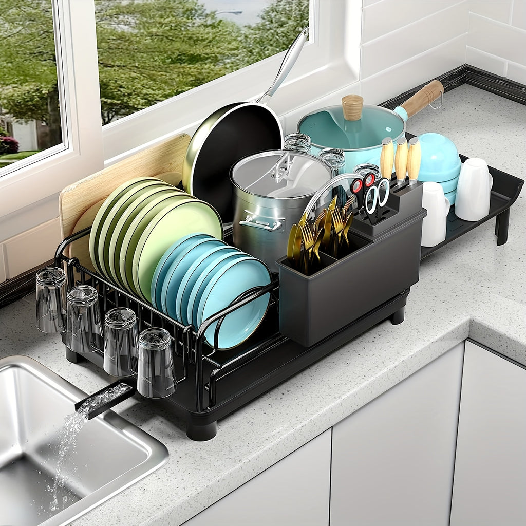 1pc 2-Tier Dish Rack with Drainboard - Black Dish Drying Rack with Utensil  and Cup Holders - Kitchen Drying Rack for Dishes, Knives, Spoons, and Forks