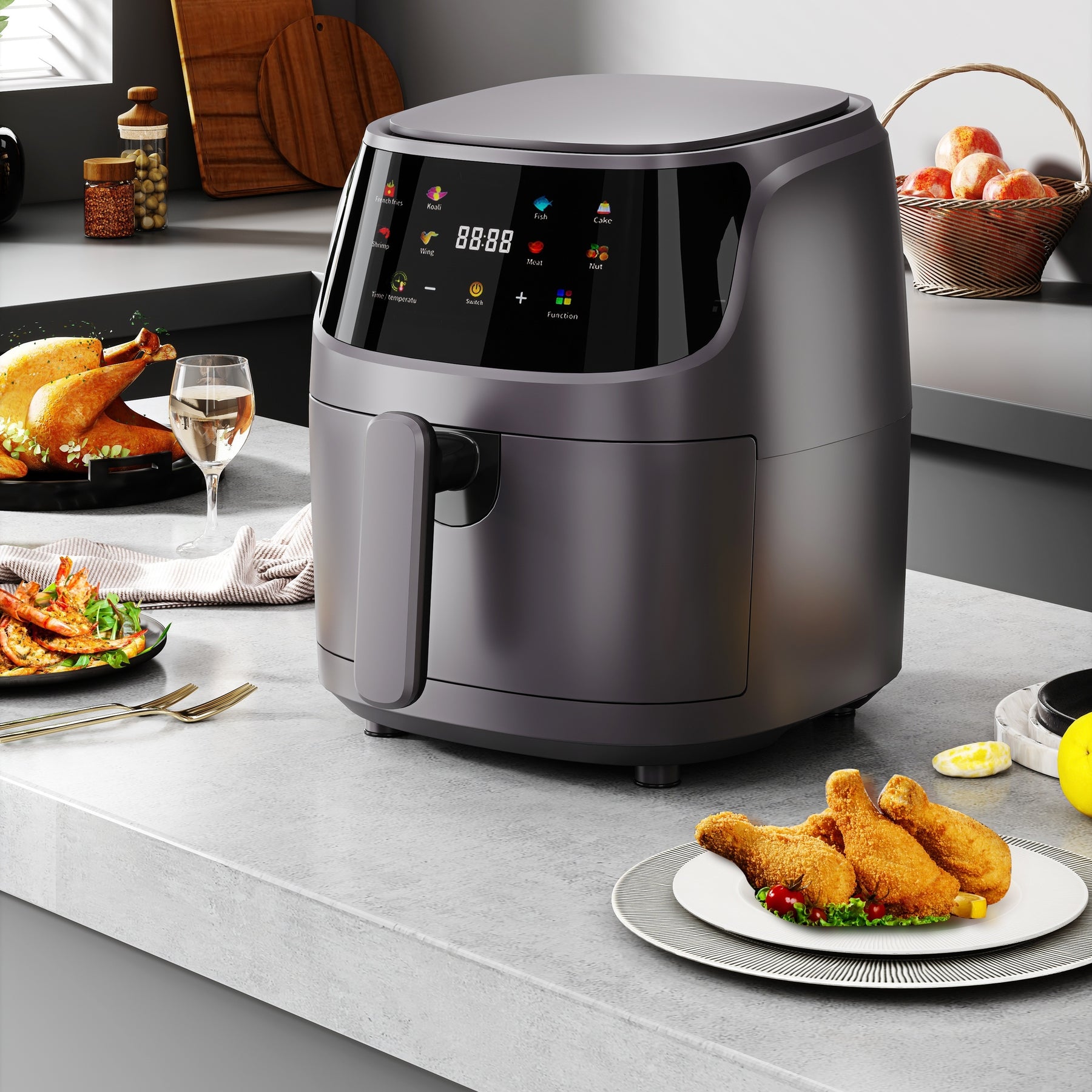 1pc 7.3 Quart Air Fryer Oven, 2.11gal Large Capacity, Multifunctional  Electric Air Fryer With Temperature Control, Reliable Mechanical Knob,  Glass Lid