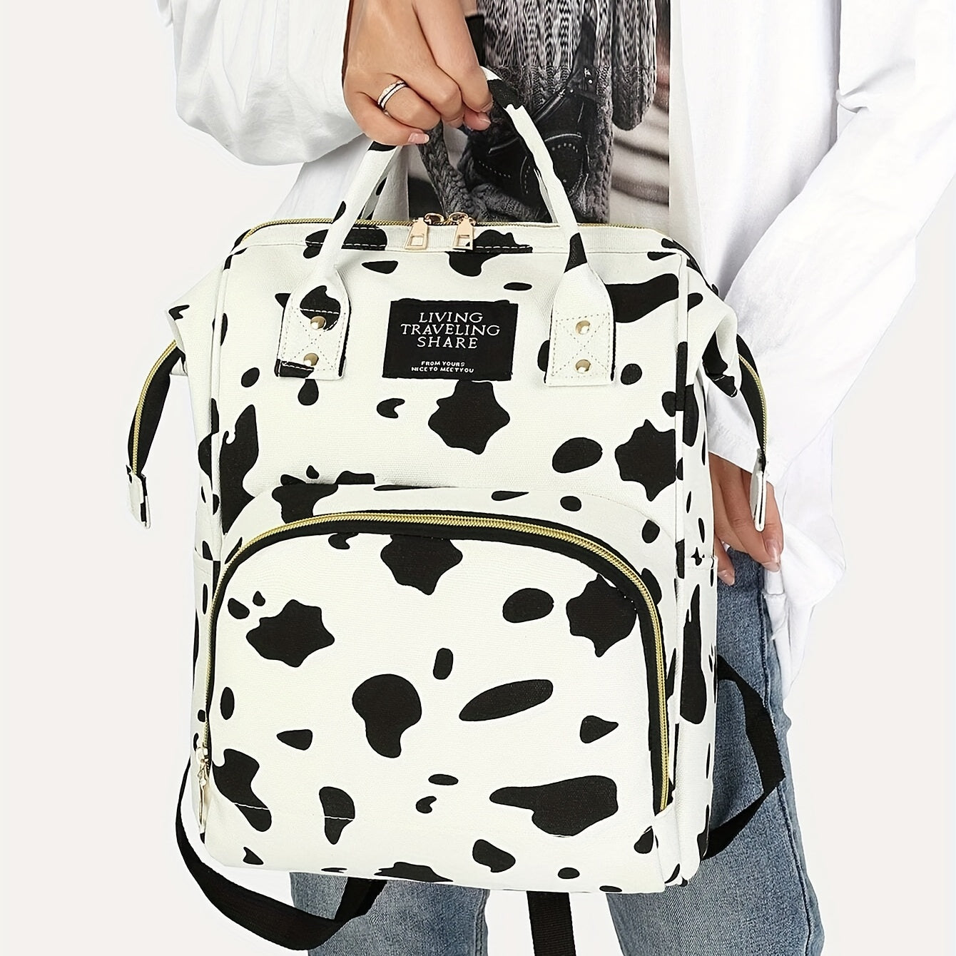 Stylish Cow Pattern Backpack, Trendy Zipper Rucksack, Versatile Women ...