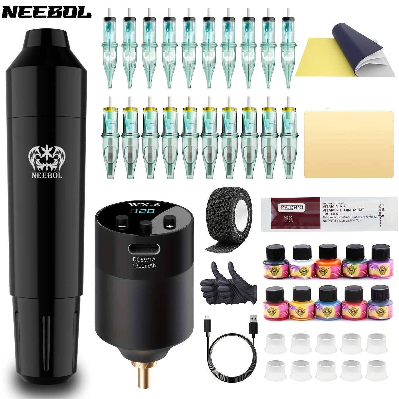 1set, Neebol Wireless Tattoo Kit, Second Generation Rotary Tattoo Mach Par Masters