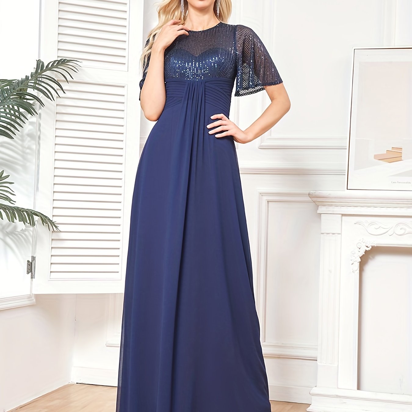 Sequined Flutter Sleeve Aline Dress, Elegant Solid Chiffon Maxi Length ...